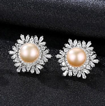 Sterling Silver Snowflake Stud Earrings Korean Gemstone Pearl Earrings Fashion Silver