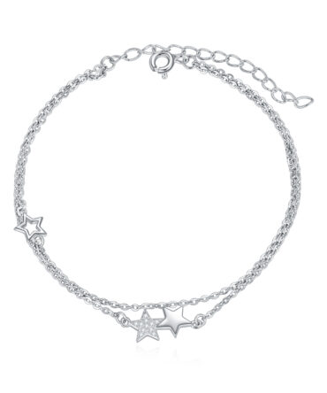 Sterling Silver Star Double Bracelet White Zircon with Pentagram Rolo Chain